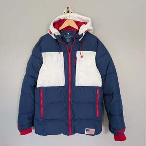 SPYDER 2022 USA Ski Team Puffer Hooded Coat Camo Blue White size Mens Small